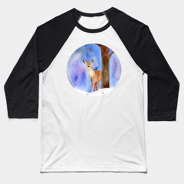 Deer in the Winter Forest Painting Baseball T-Shirt by Sandraartist